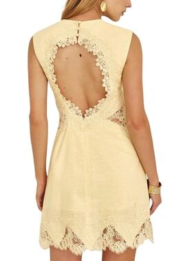 Commense Butter Yellow Lace Open Back Mini Dress Cotton Linen Blend NWT Small